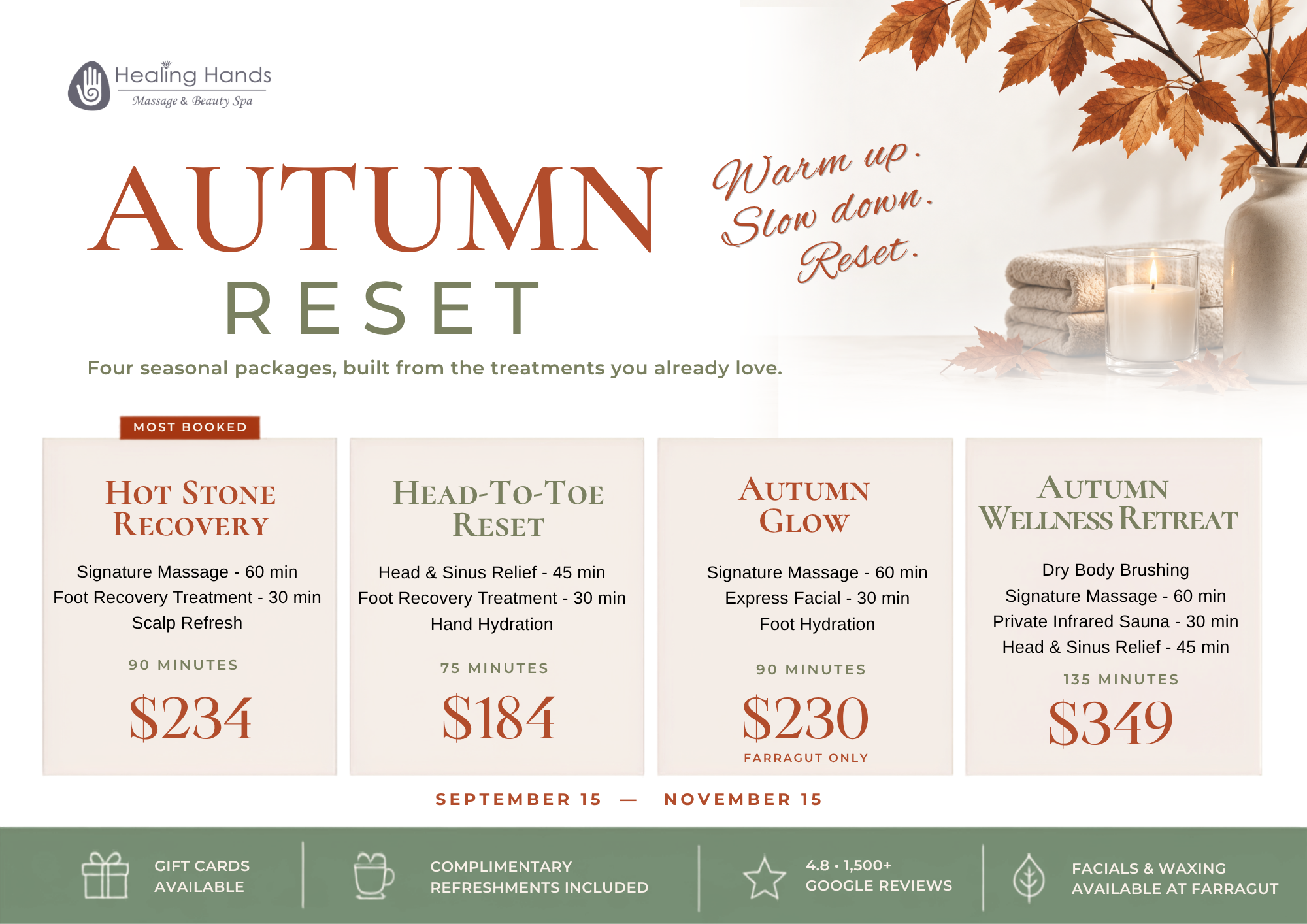 Healing Hands Spa Autumn Reset — Hot Stone Recovery, Head-To-Toe Reset, Autumn Glow, and Autumn Wellness Retreat packages in Knoxville, September 15 through November 15