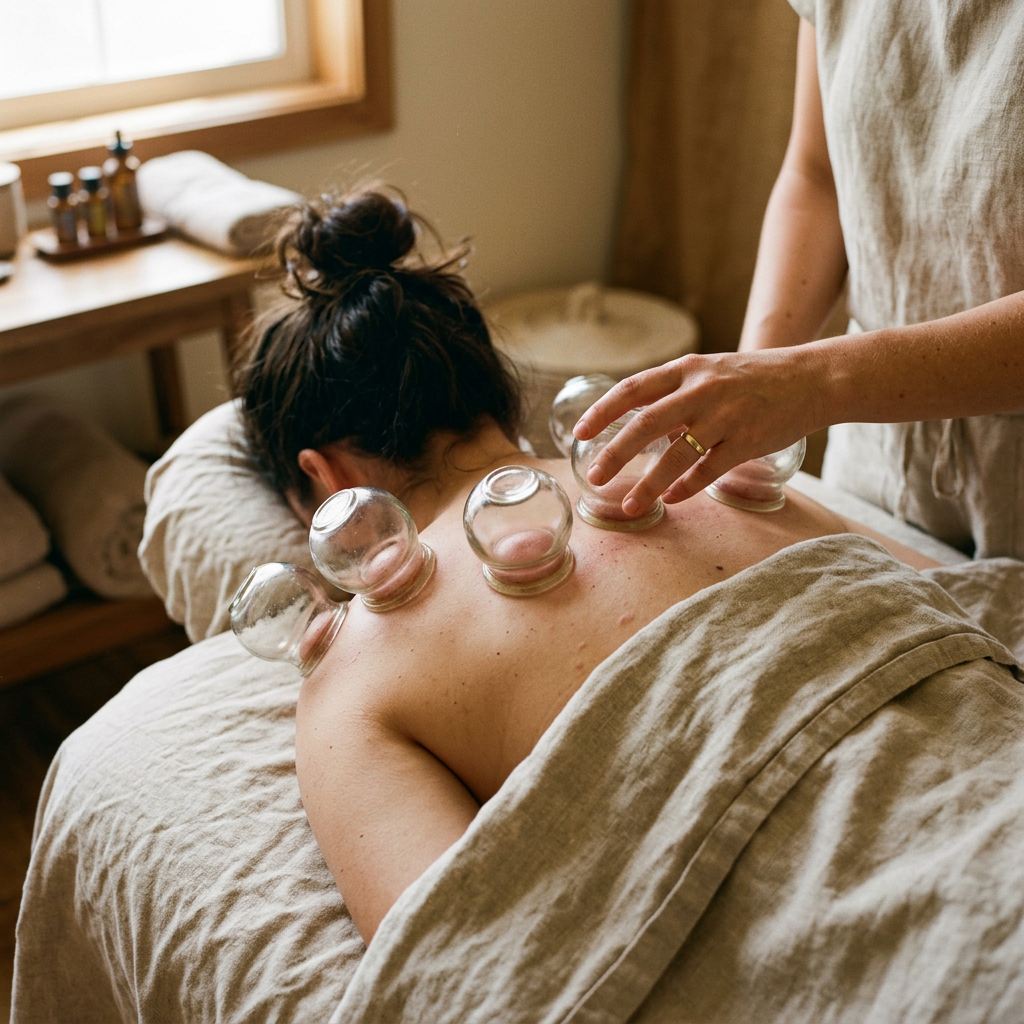 Healing Hands Spa therapist placing silicone cups on a runner's calves during a recovery session at the Farragut location near Turkey Creek in Knoxville