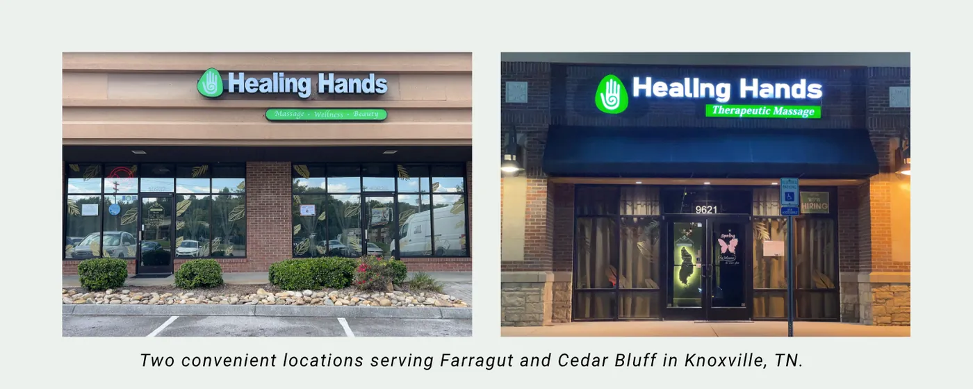 Both Healing Hands storefronts: Cedar Bluff at 9621 lit at night, beside the Farragut shop on Kingston Pike