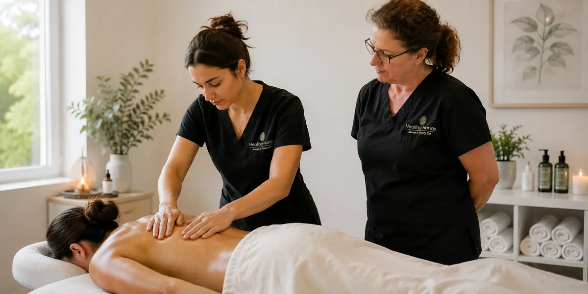 A massage therapy student working on a guest's back while a licensed supervising therapist observes, both in Healing Hands Spa uniforms in a Knoxville treatment room